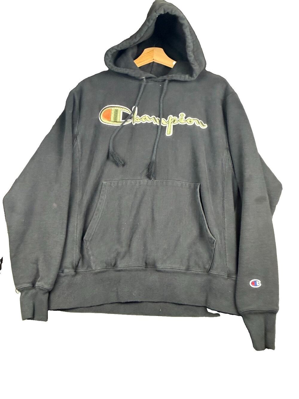 Champion Reverse Weave Hoodie Men’s M Black Big Logo Embroidered Streetwear